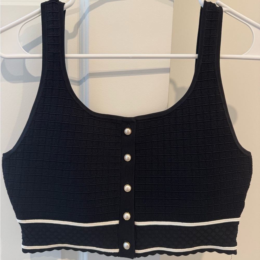 Aritzia Black Textured Crop Top with Pearl Buttons - Size Large